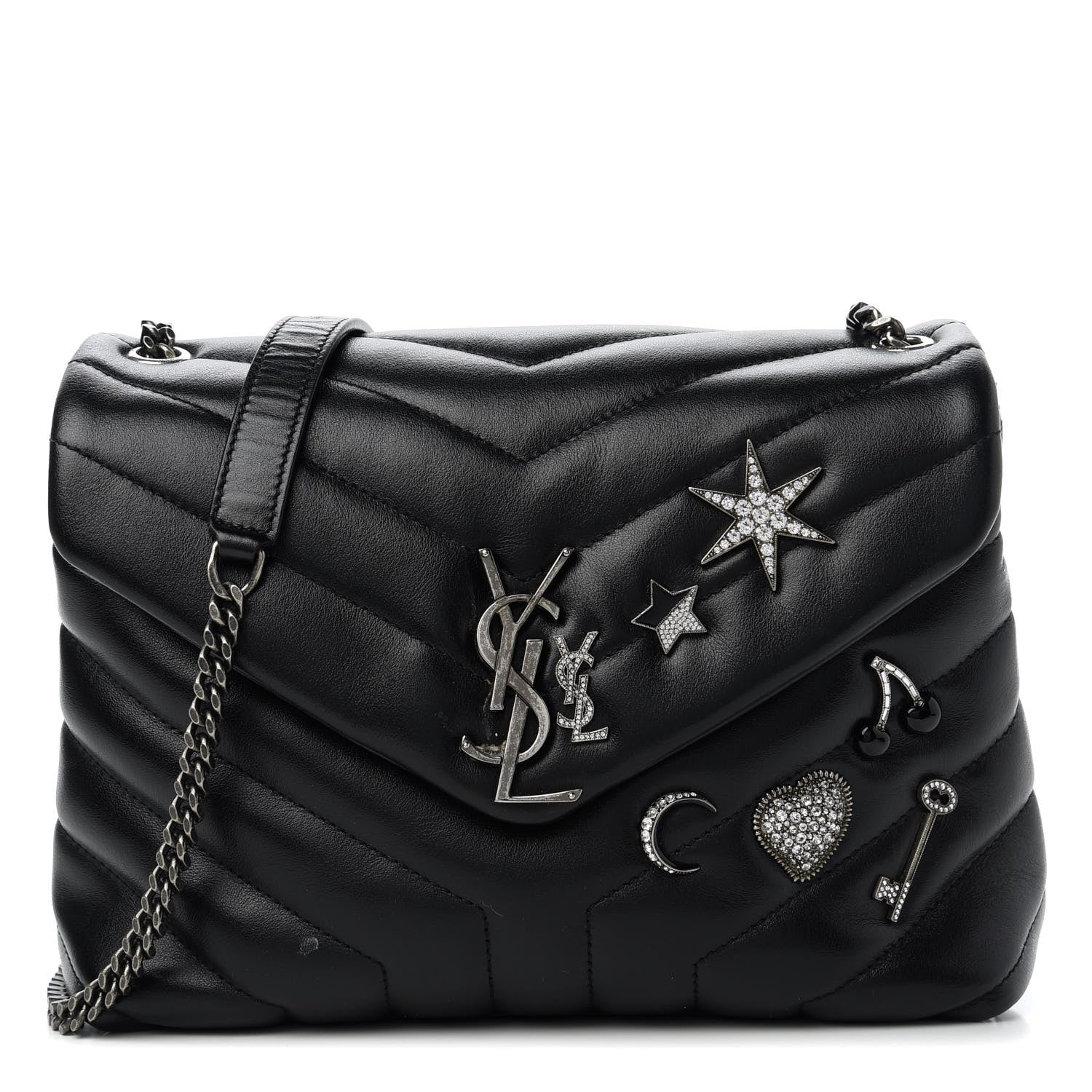 Saint Laurent Calfskin Y Quilted Monogram Small Charm Loulou Chain Satchel Black 1 of 10