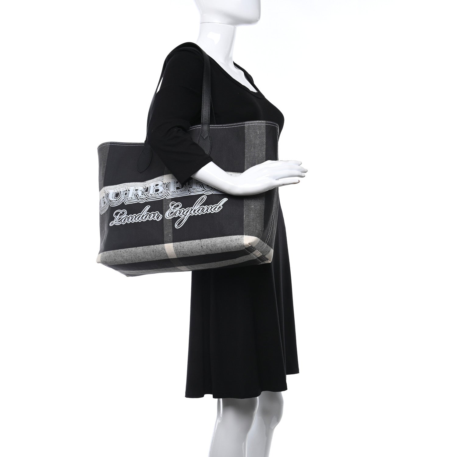 Burberry Coated Canvas Mega Check Medium Doodle Tote Black White 2 of 10