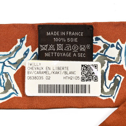 Hermes Silk Chevaux En Liberte Twilly Caramel Kaki White 3 of 6