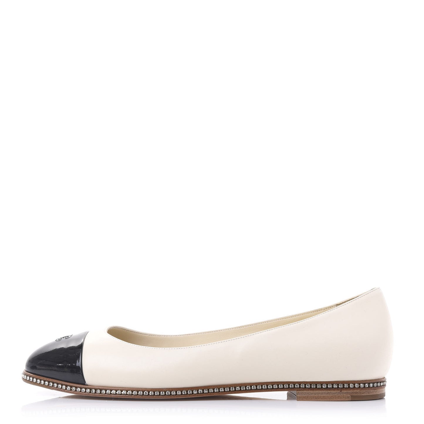 Patent Lambskin Crystal CC Cap Toe Ballerina Flats 38.5 Beige Black