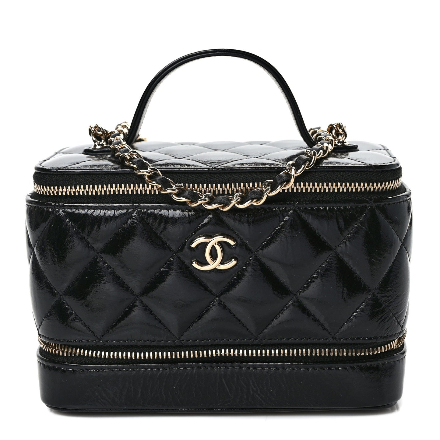 Shiny Lambskin Quilted Small Vanity Case With Chain Black