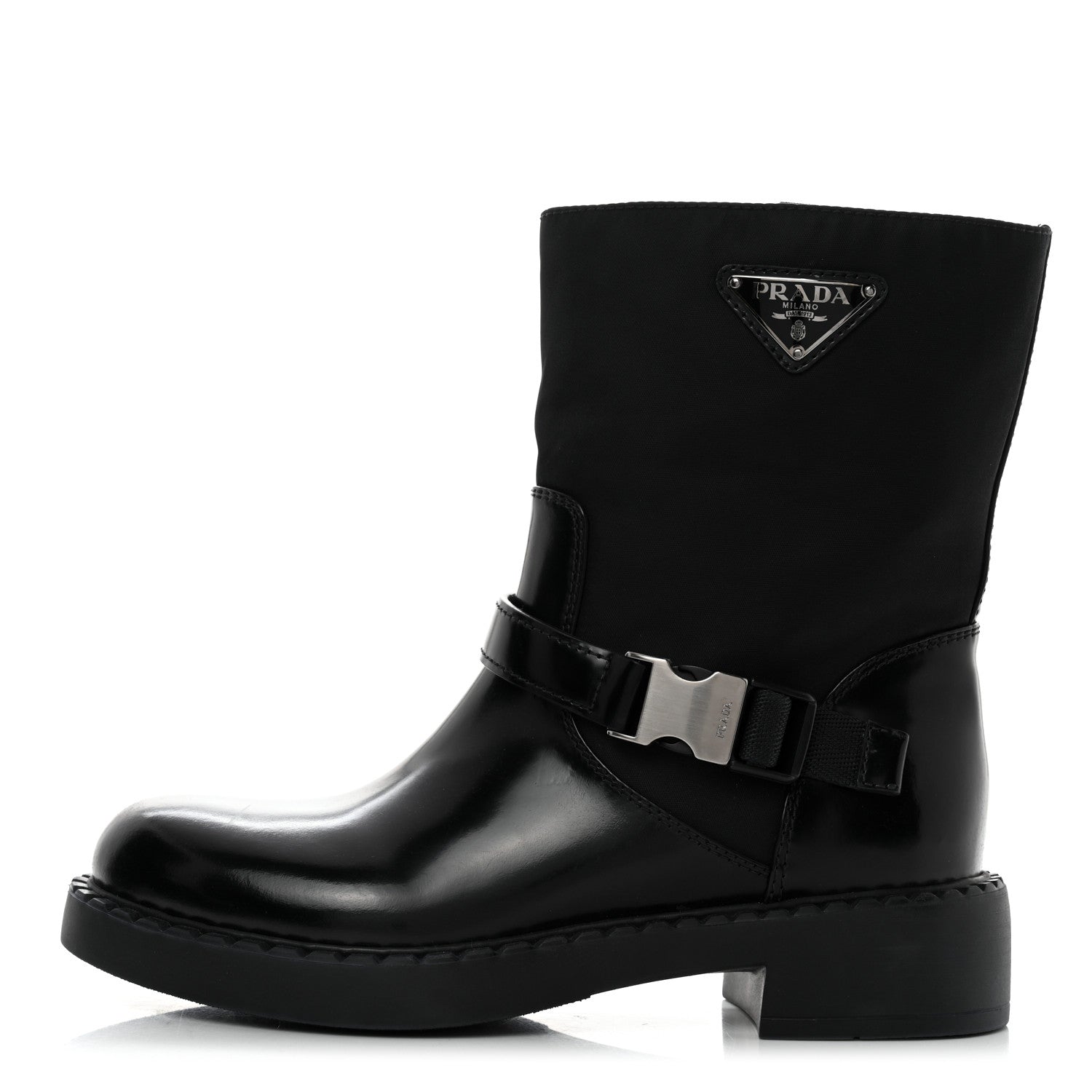 Prada Spazzolato Re-Nylon Metal Triangle Logo Buckled 50mm Biker Boots 39 Black 1 of 9