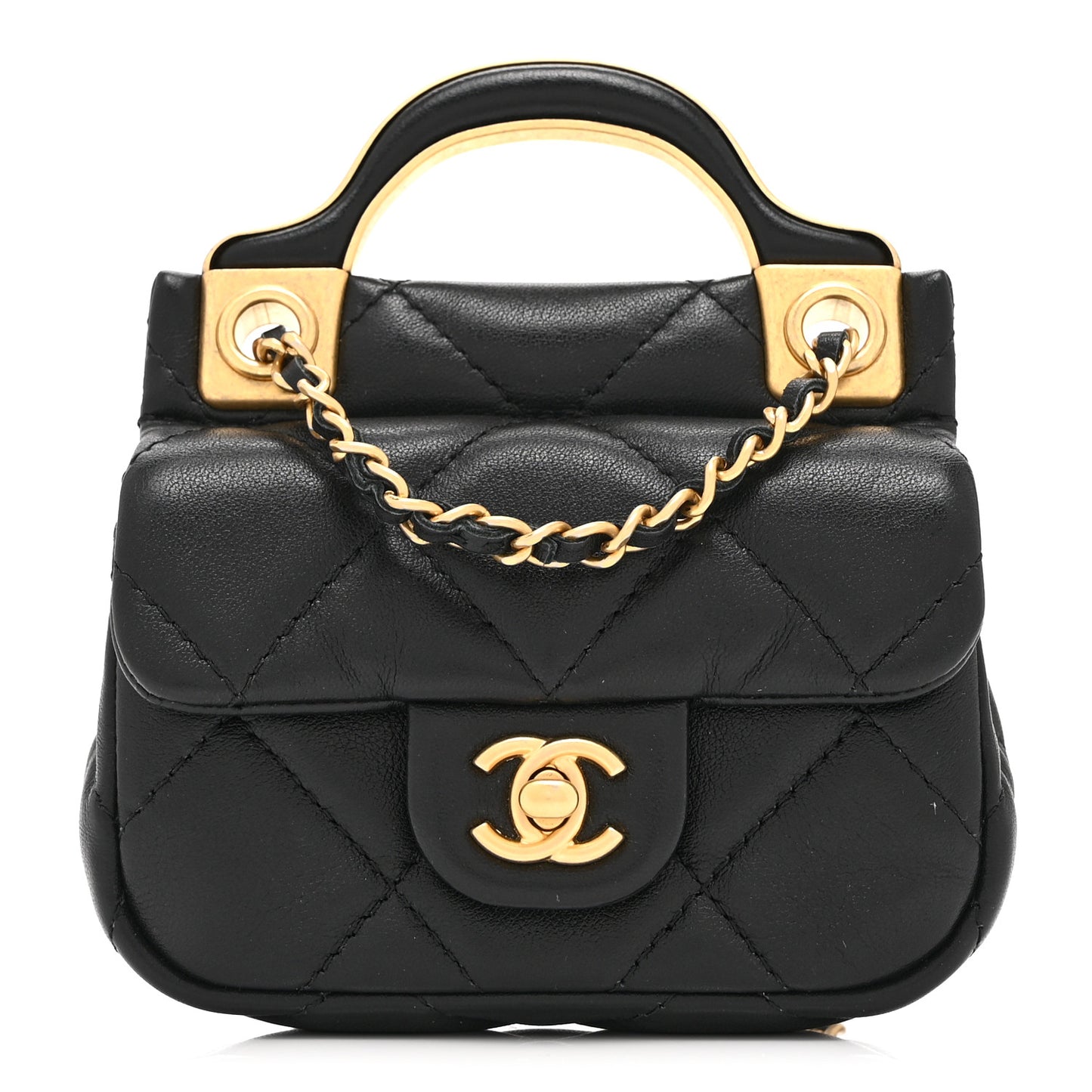 Calfskin Quilted Lady Handle Flap Card Holder With Chain Black