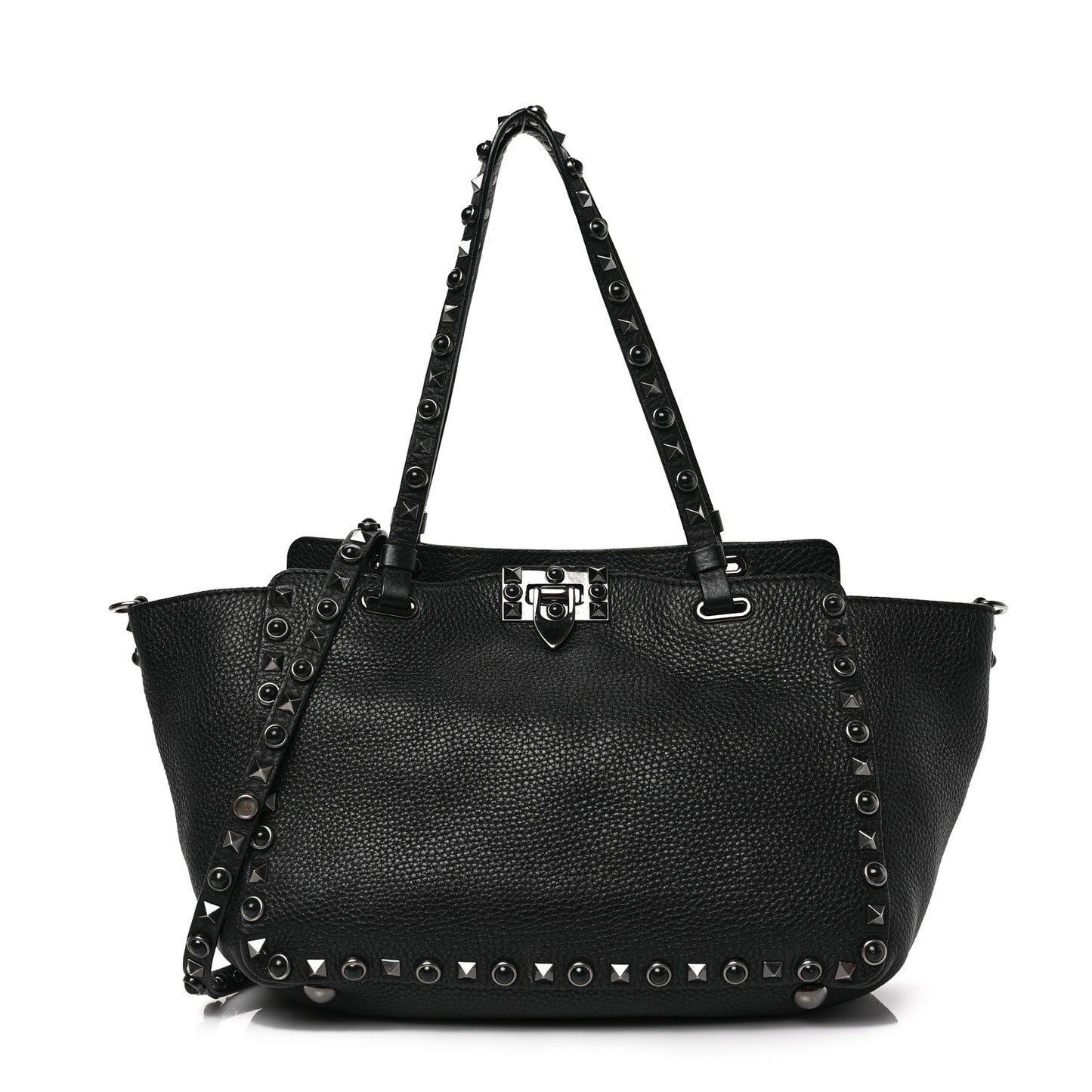 Grained Calfskin Onyx Small Rockstud Rolling Tote Black