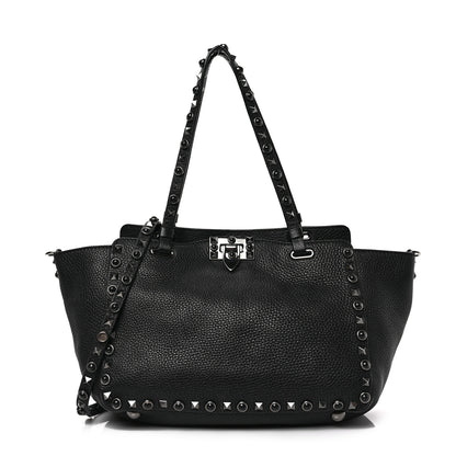 Valentino Garavani Grained Calfskin Onyx Small Rockstud Rolling Tote Black 1 of 9