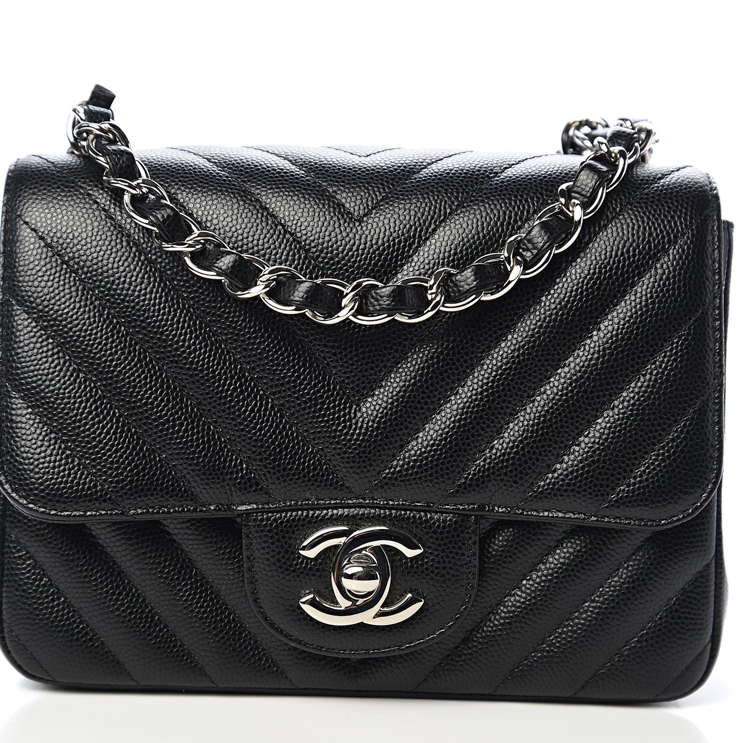 Caviar Chevron Quilted Mini Square Flap Black