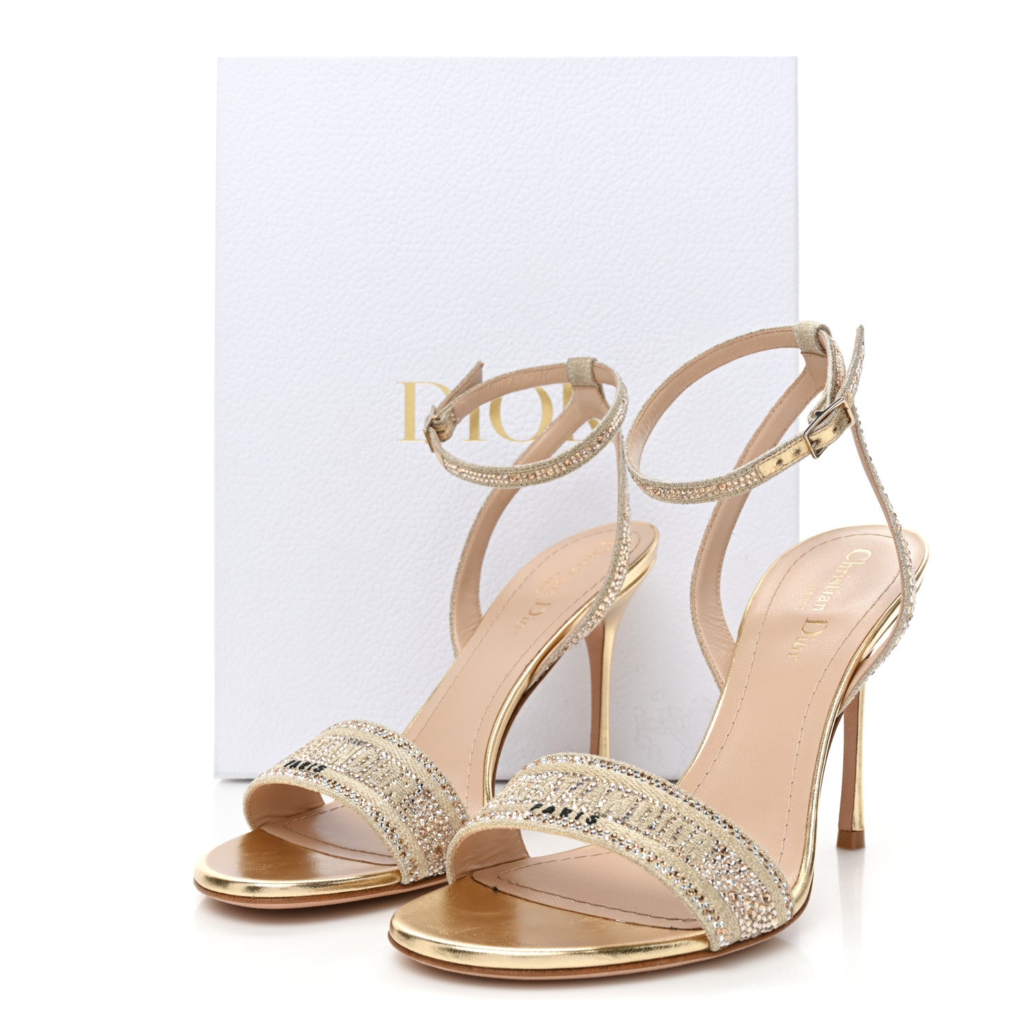 Christian Dior Laminated Calfskin Crystal Embroidered Dway 100mm Sandals 39 Gold 9 of 9
