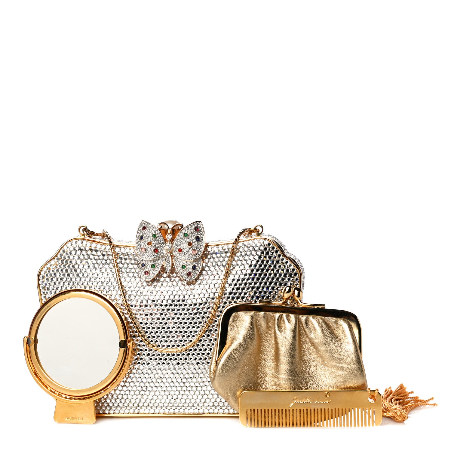 Judith Leiber Swarovski Crystal Butterfly Minaudiere Clutch Silver Gold 1 of 12