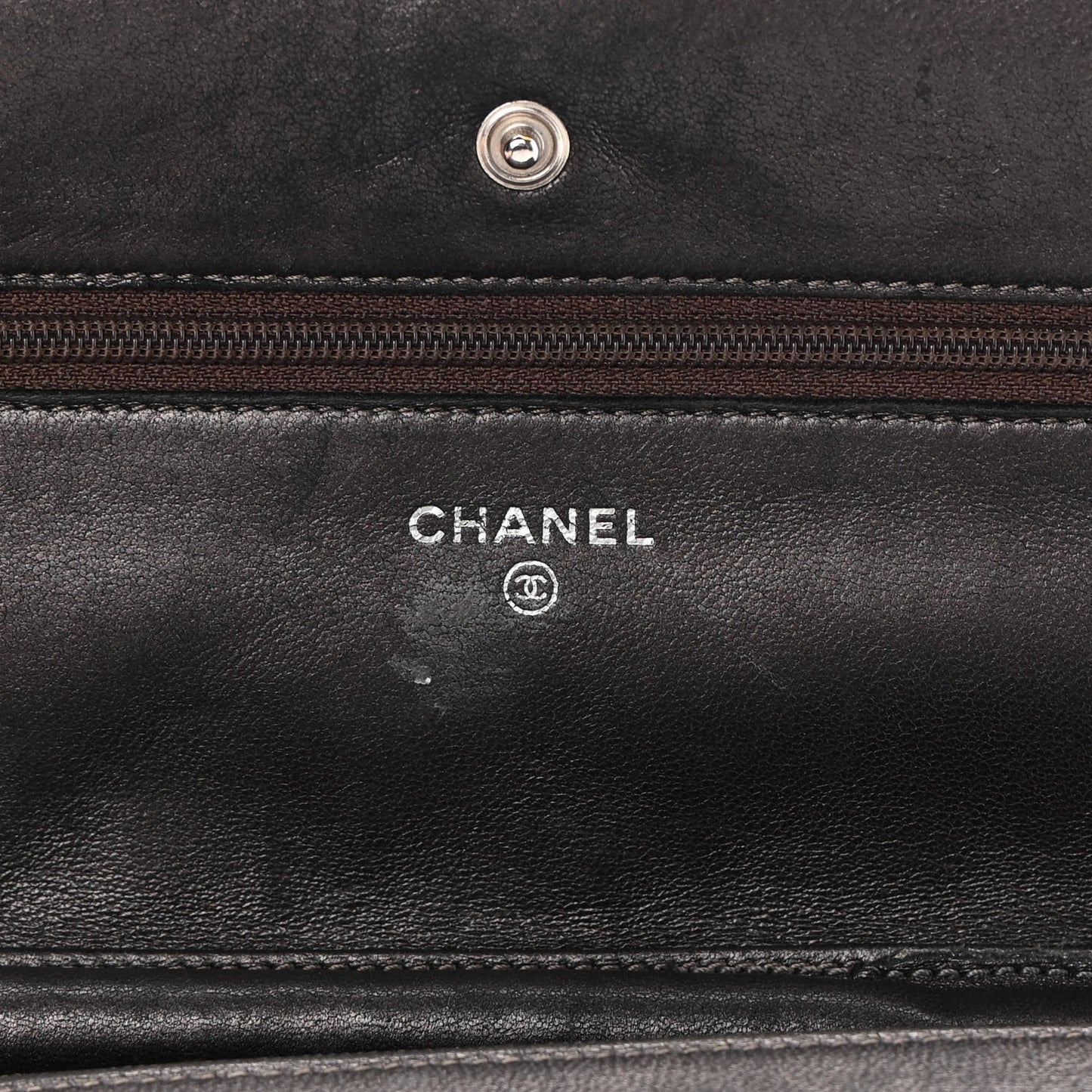 Metallic Lambskin Quilted Wallet On Chain WOC Dark Grey