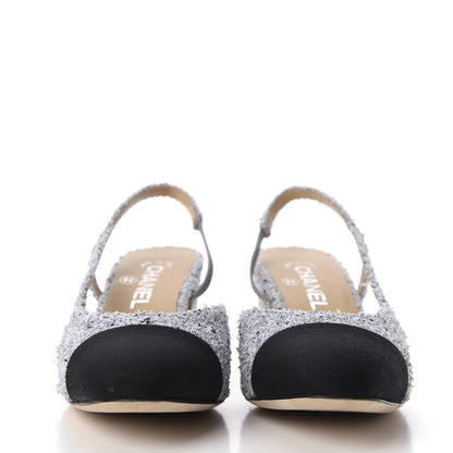 Chanel Tweed Grosgrain Cap Toe CC Slingback Pumps 38.5 Grey Silver Black 3 of 15