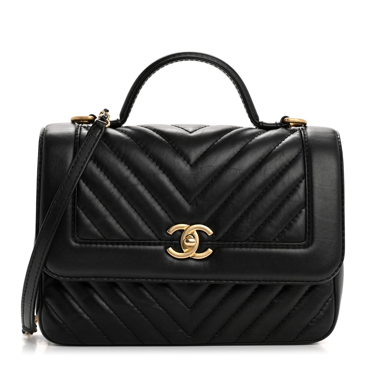 Calfskin Chevron Quilted Top Handle Flap Black