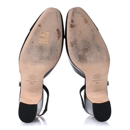 Chanel Lambskin Grosgrain Cap Toe CC Slingback Pumps 38 Black 6 of 10
