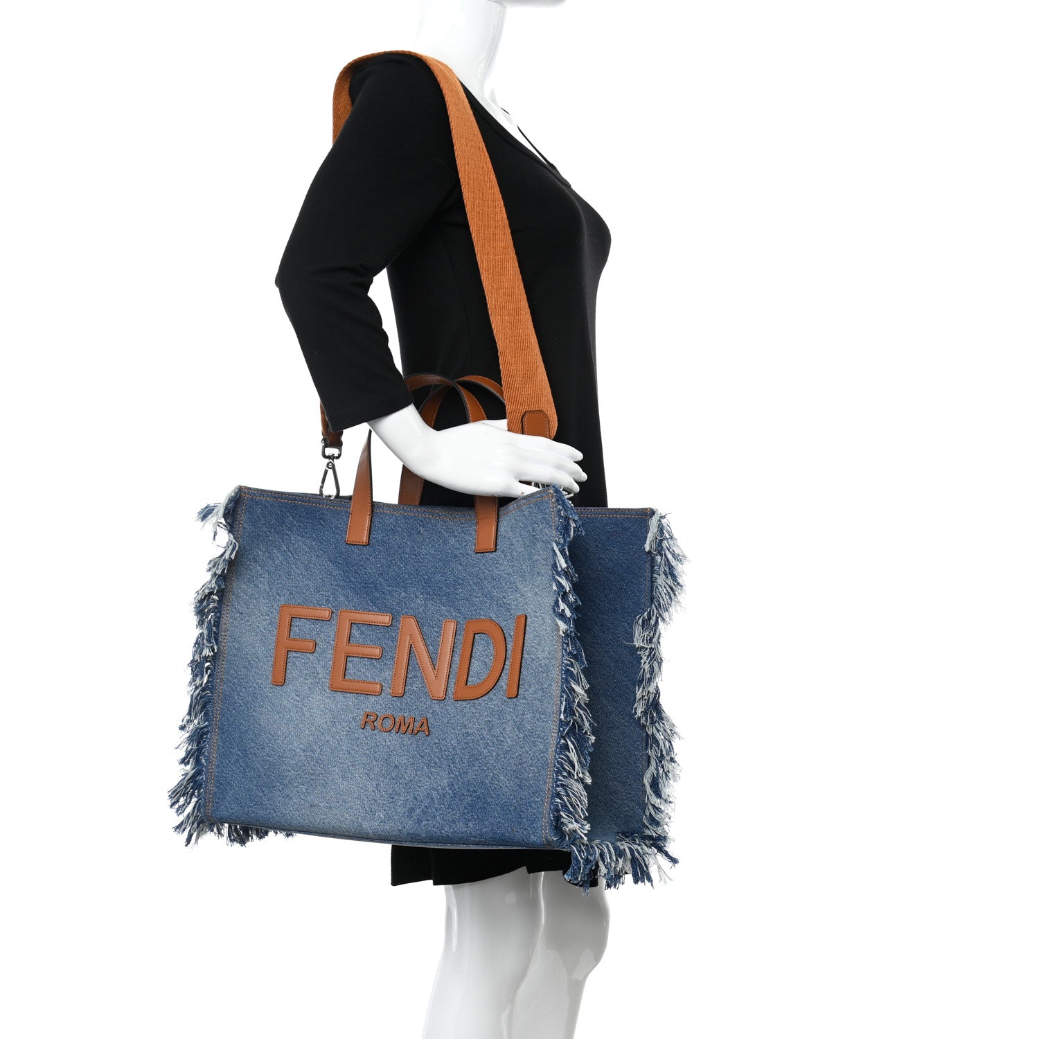 Fendi Denim Lavato Vitello King Logo Embroidered Frayed Large Tote Denim Chiaro Cuoio 2 of 10