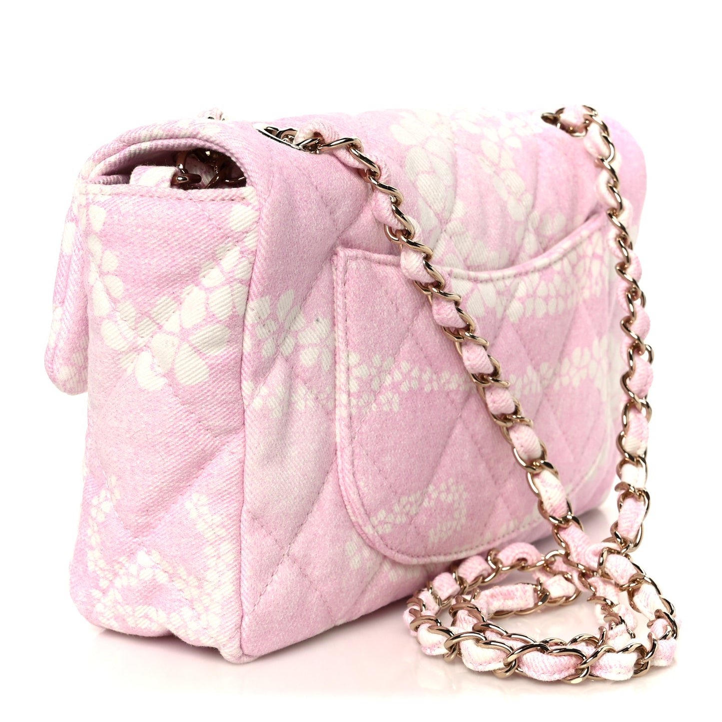 Printed Denim Quilted Flap Bag Pink White