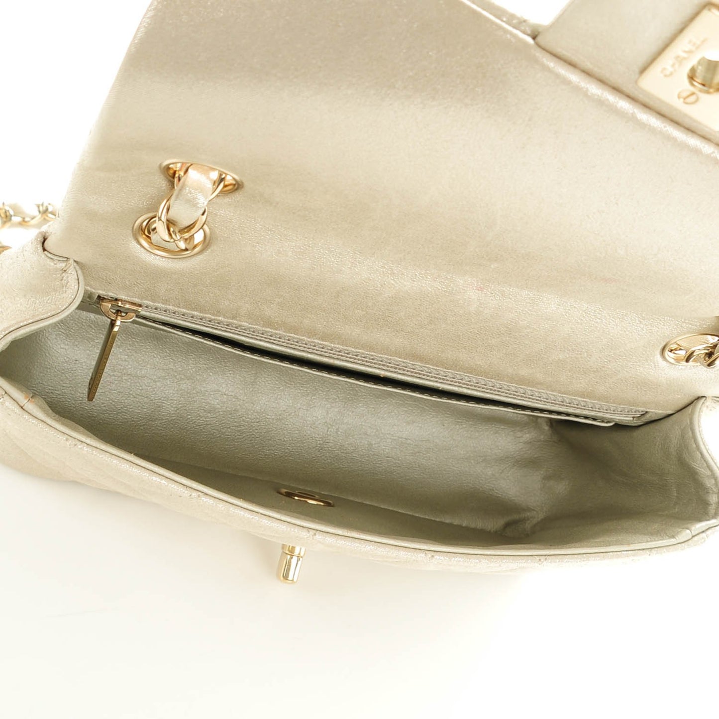 Iridescent Calfskin Quilted Mini Rectangular Flap Light Gold