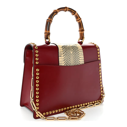 Gucci Glossy Calfskin Snakeskin Studded Fox Broche Bamboo Top Handle Bag Red 3 of 11