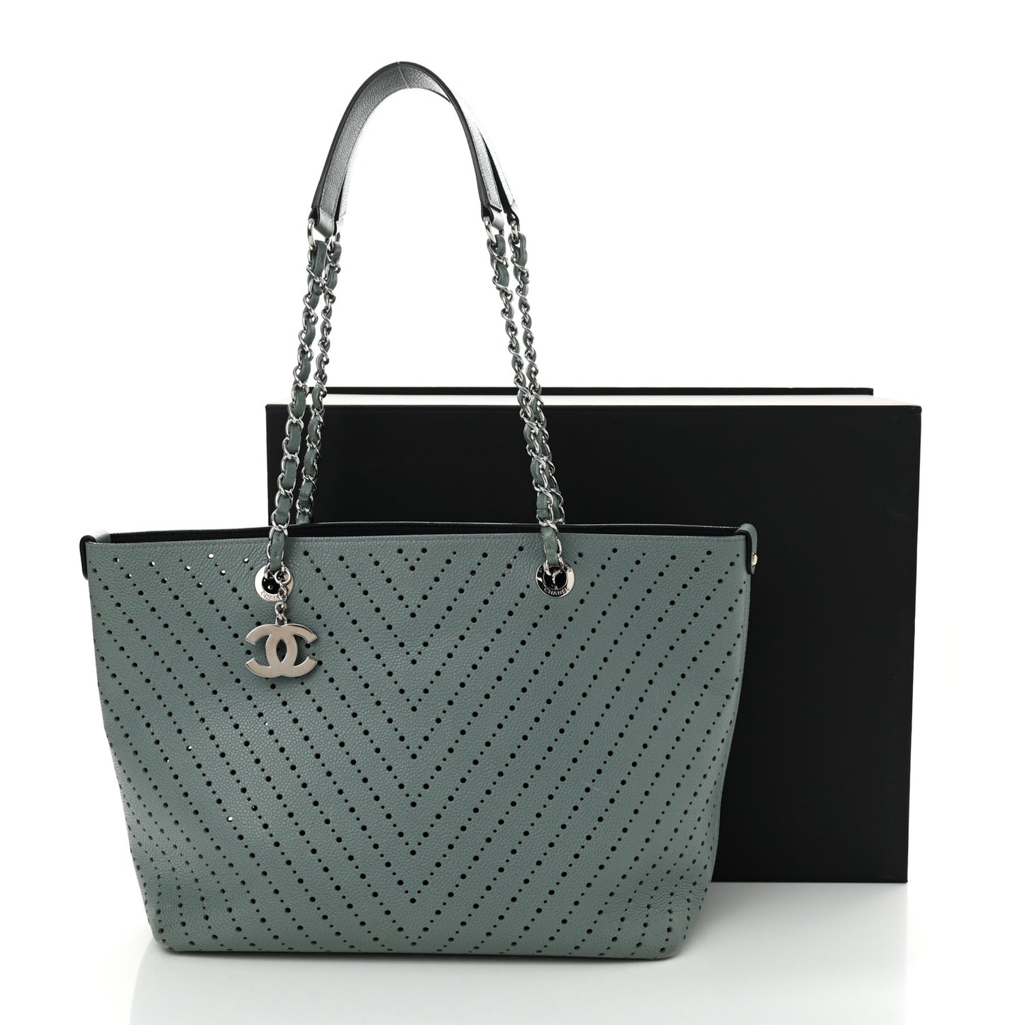 Perforated Grained Calfskin Small Shopping Tote Green