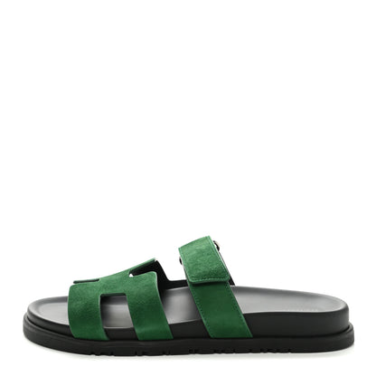 Hermes Suede Goatskin Womens Chypre Sandals 38.5 Vert Electrique 1 of 9