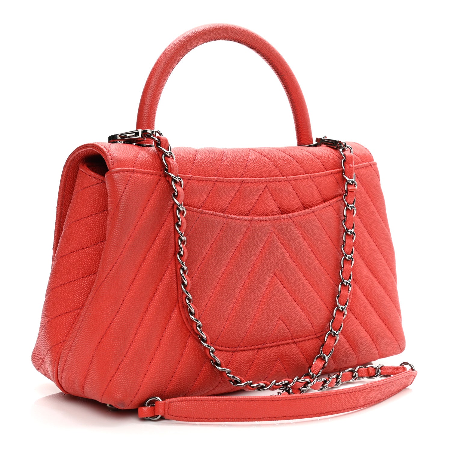 Chanel Caviar Chevron Quilted Small Coco Handle Flap Red 3 of 21