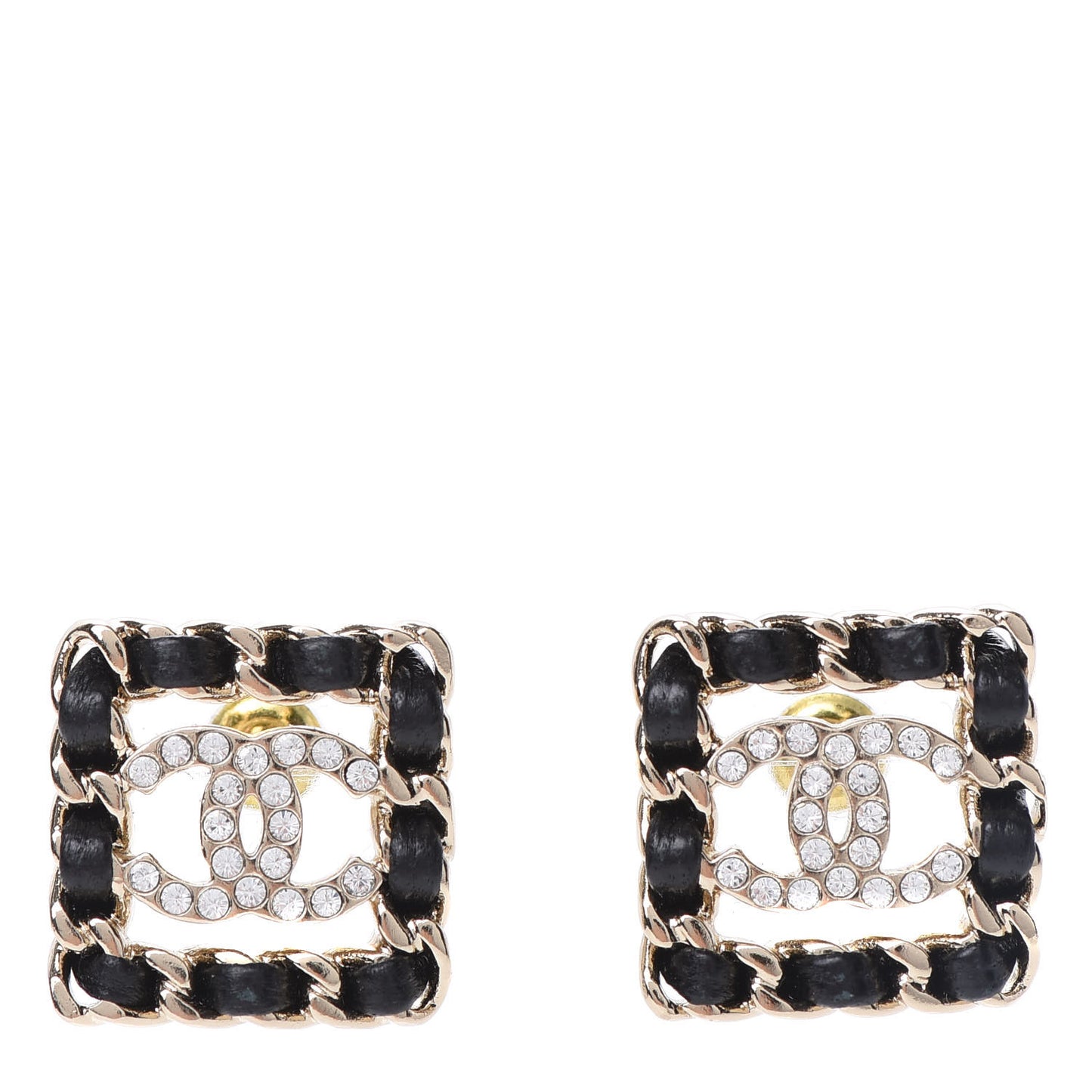 Crystal Lambskin Chain Sergeant Stud Earrings Black Gold