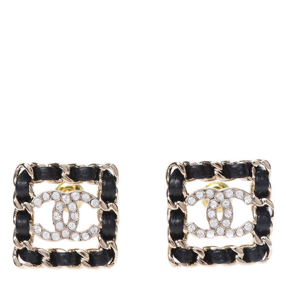 Chanel Crystal Lambskin Chain Sergeant Stud Earrings Black Gold 1 of 5