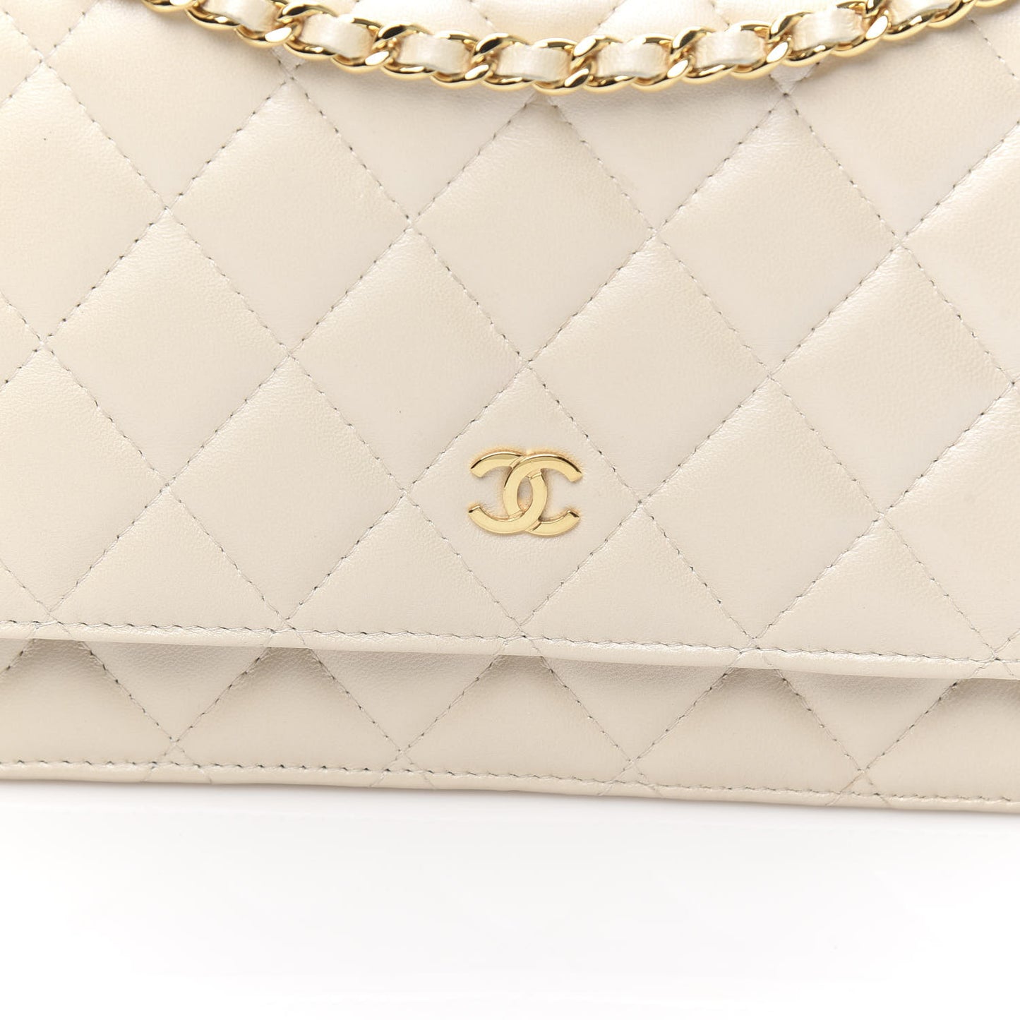 Pearly Lambskin Quilted Wallet On Chain WOC Light Beige