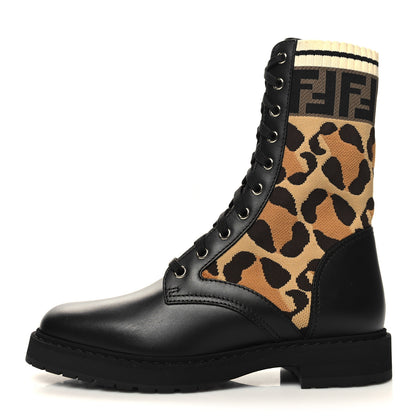 Fendi Calfskin Stretch Fabric FF Leopard Rockoko Biker Boots 38 Black 1 of 7