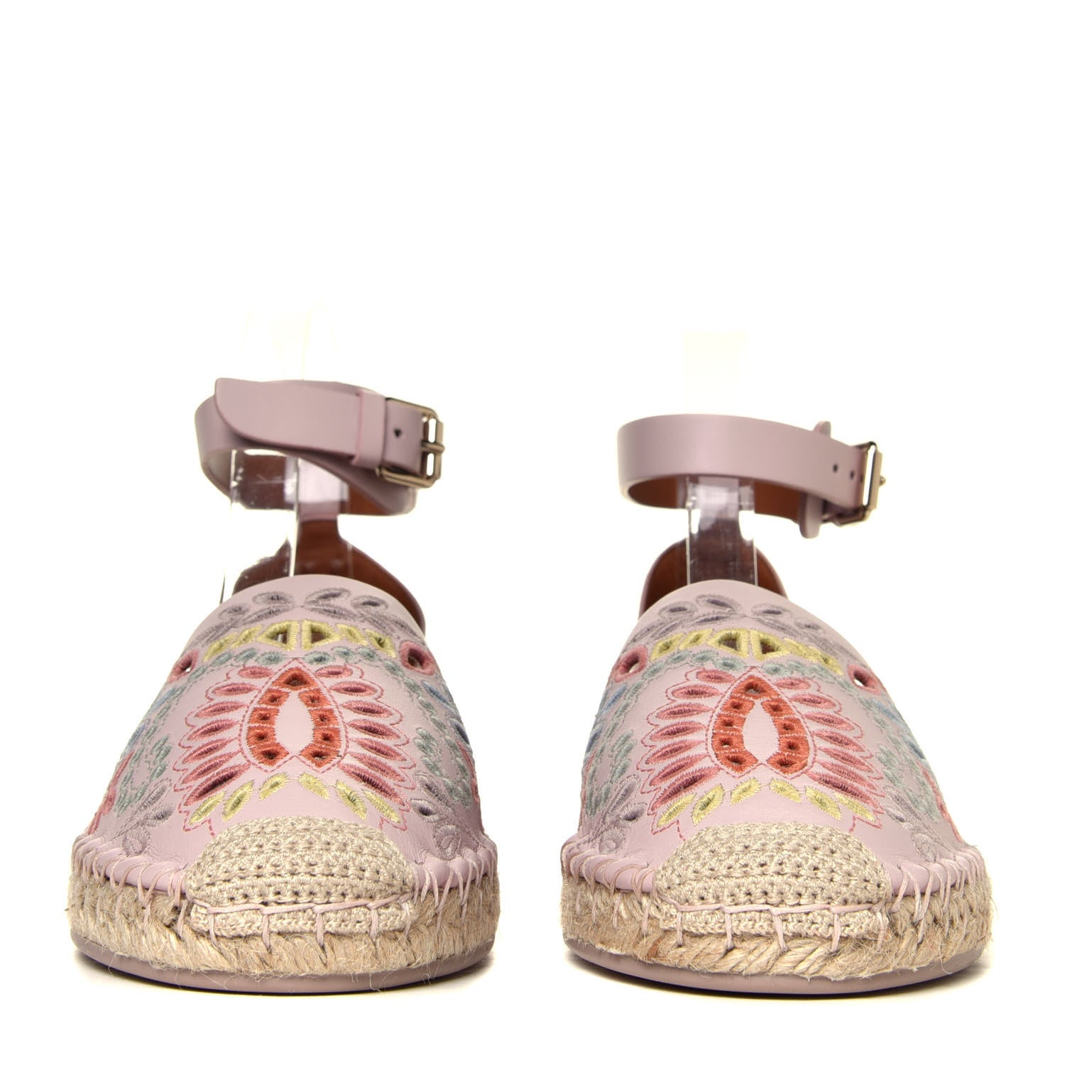 Valentino Garavani Calfskin Embroidered Cutout Ajour Ankle Wrap Espadrilles 38 Water Rose 3 of 12