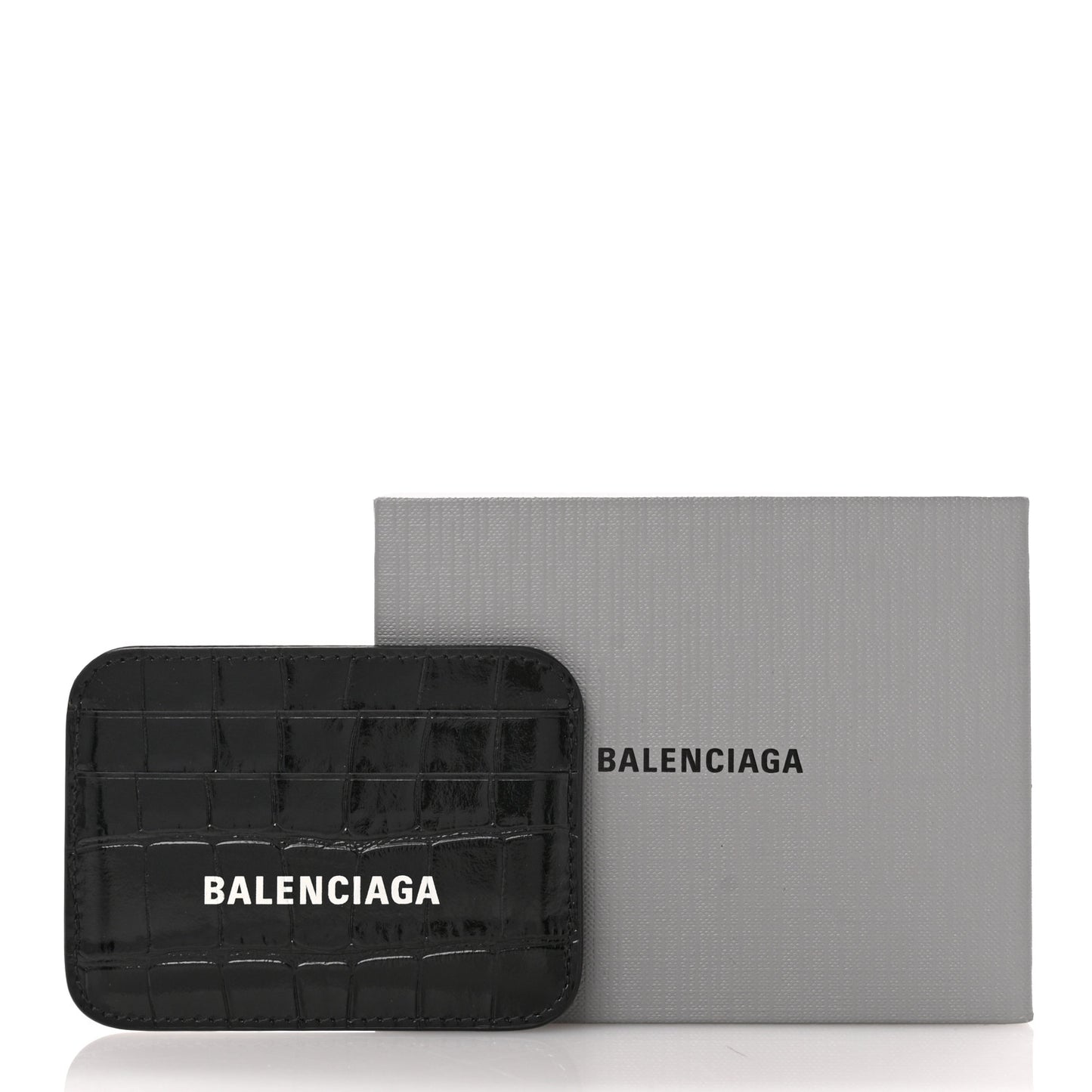 Shiny Calfskin Logo Crocodile Embossed Cash Rounded Card Holder Black White