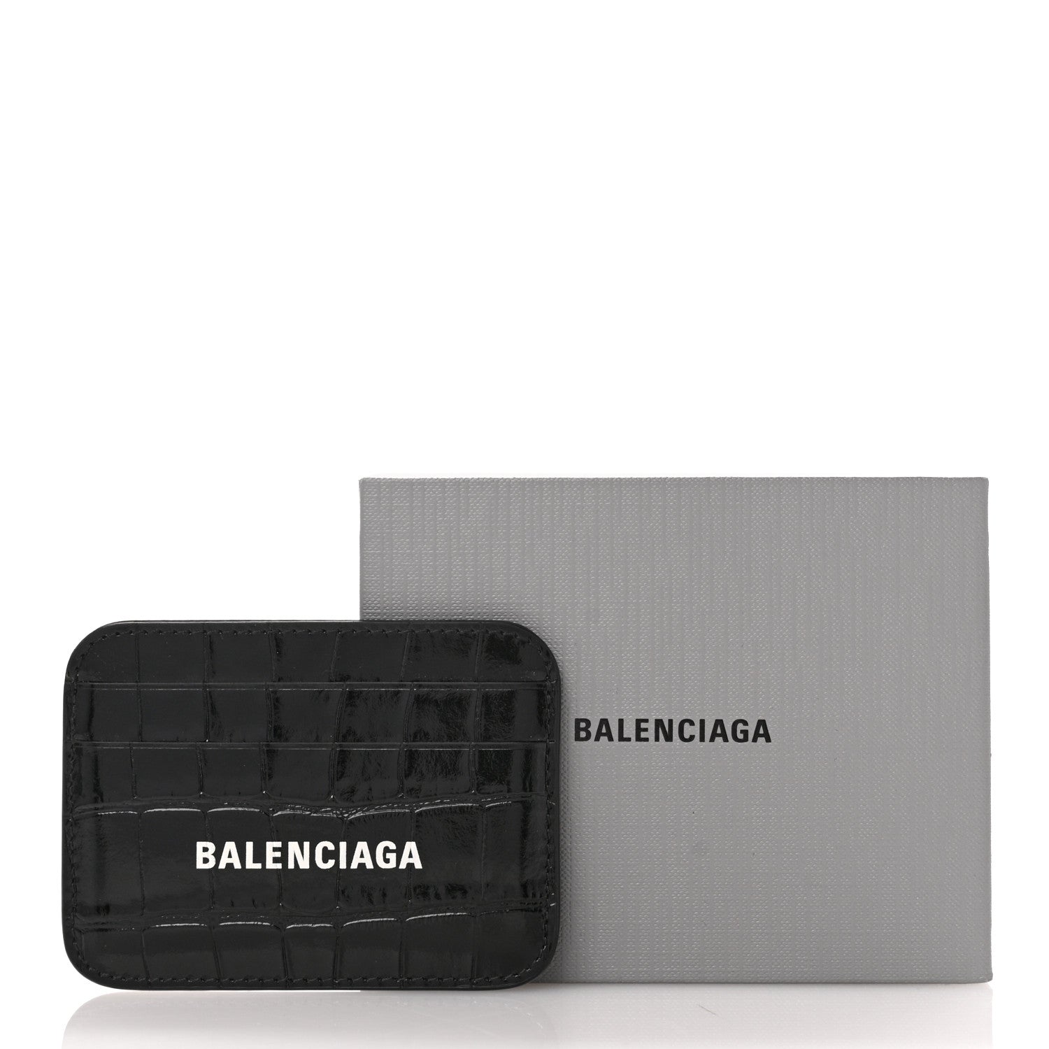 Balenciaga Shiny Calfskin Logo Crocodile Embossed Cash Rounded Card Holder Black White 9 of 9