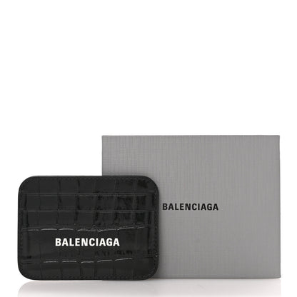 Balenciaga Shiny Calfskin Logo Crocodile Embossed Cash Rounded Card Holder Black White 9 of 9