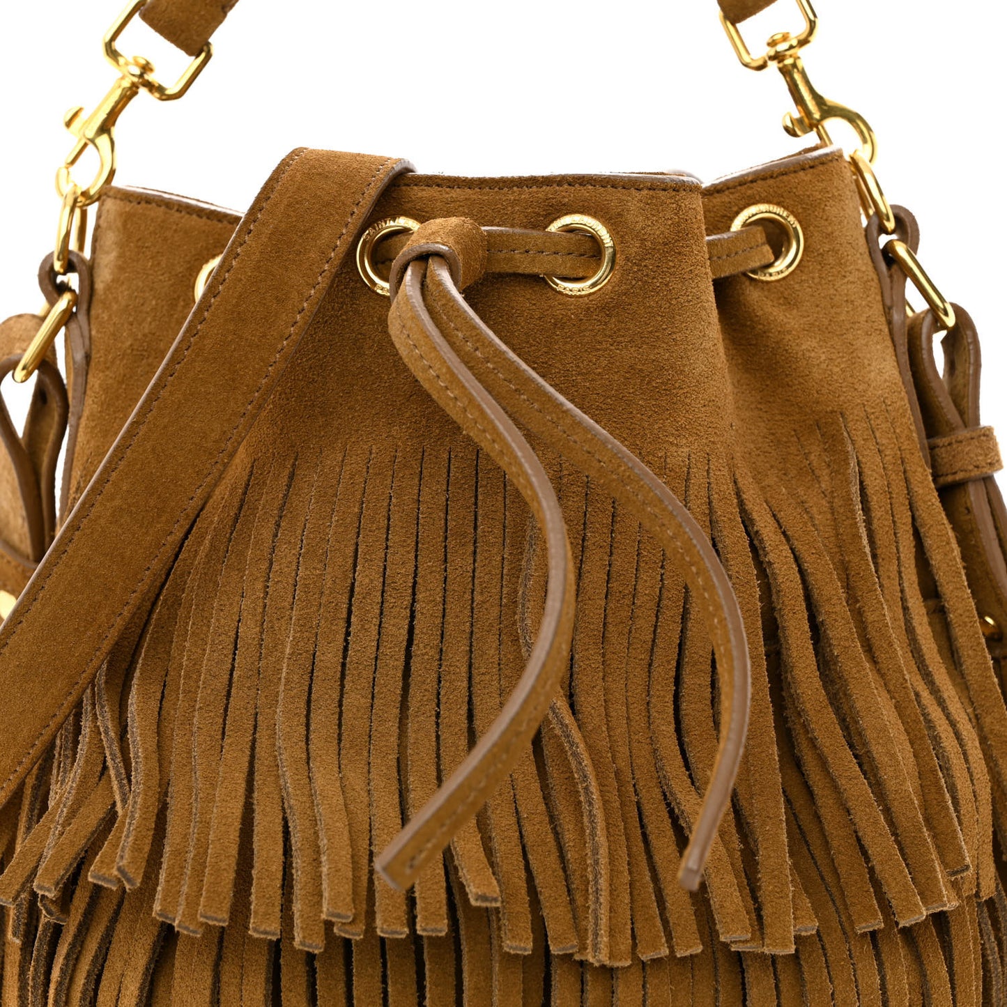 Suede Calfskin Small Emmanuelle Fringe Bucket Bag Light Ocre