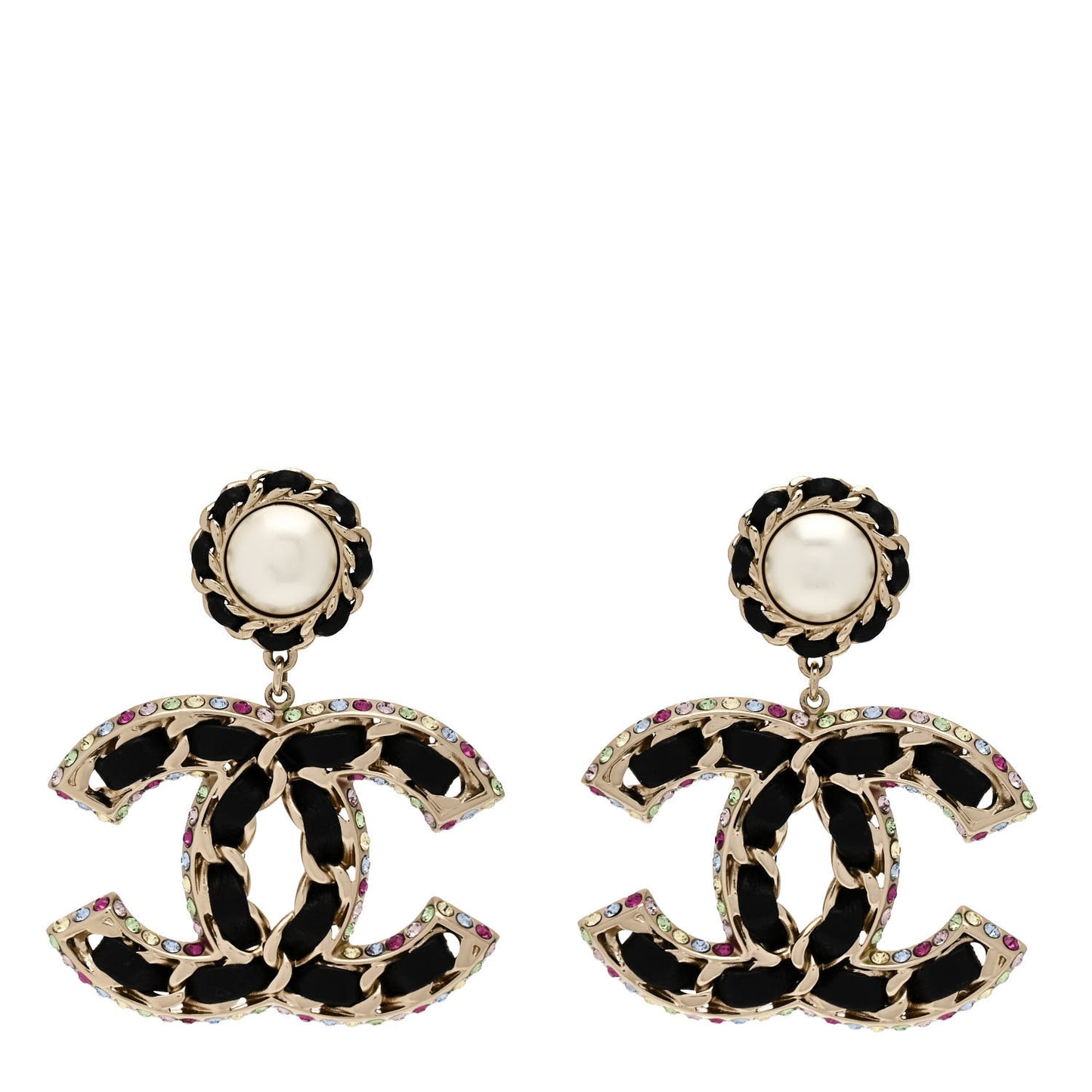 Pearl Lambskin Crystal Chain CC Drop Earrings Black Gold Multicolor