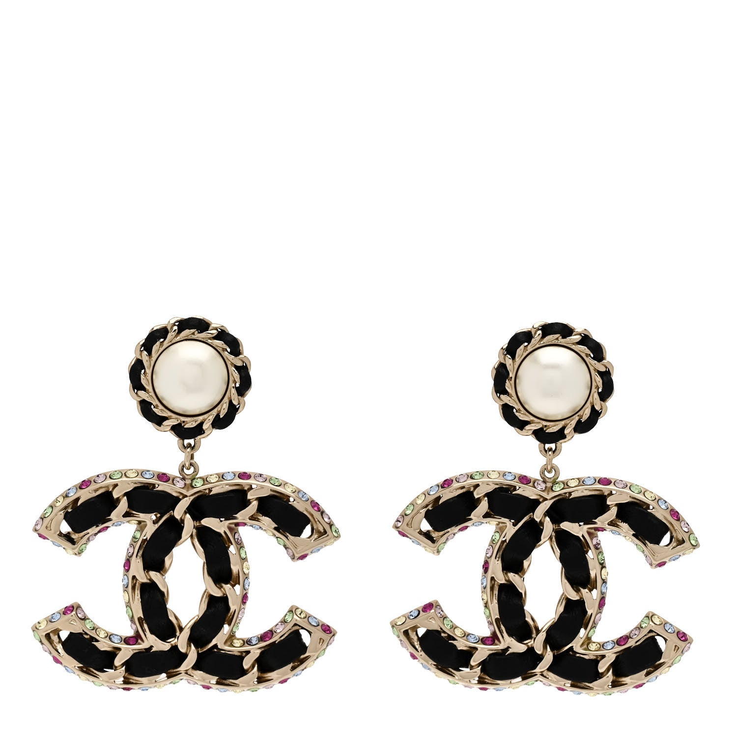 Chanel Pearl Lambskin Crystal Chain CC Drop Earrings Black Gold Multicolor 1 of 5