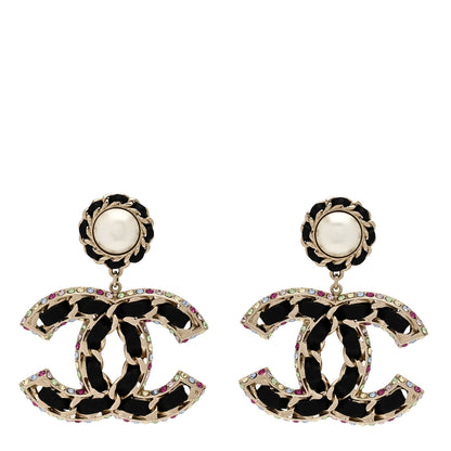Chanel Pearl Lambskin Crystal Chain CC Drop Earrings Black Gold Multicolor 1 of 5