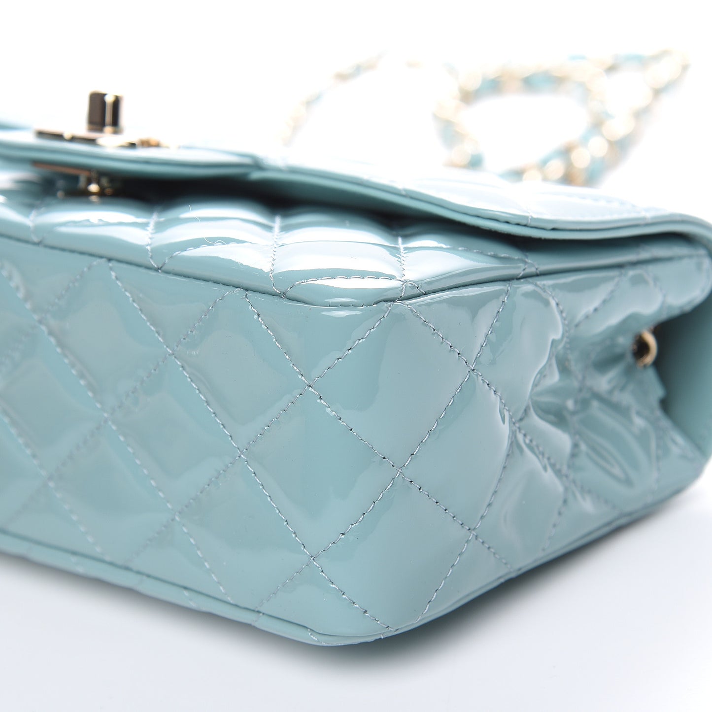 Patent Calfskin Quilted Mini Rectangular Flap Light Blue