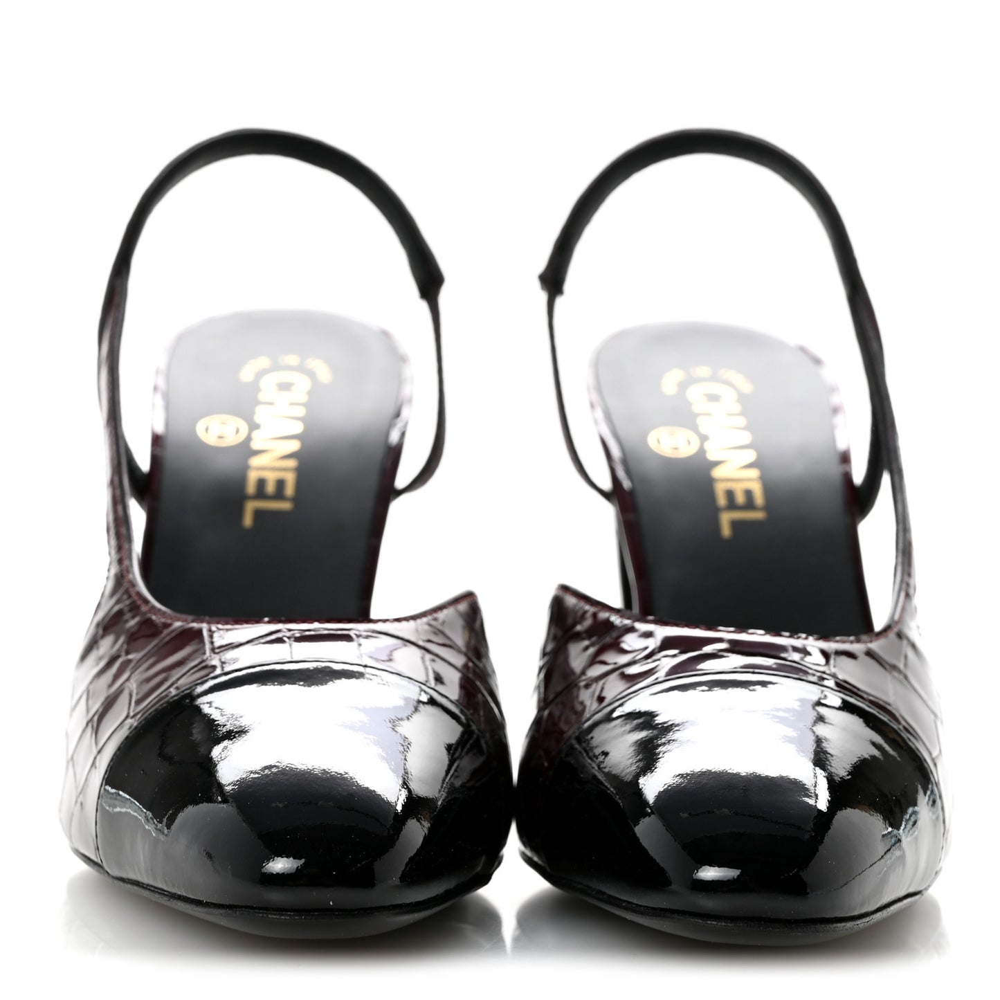 Patent Calfskin Crocodile Embossed Cap Toe CC Slingback Pumps 40 Dark Burgundy Black