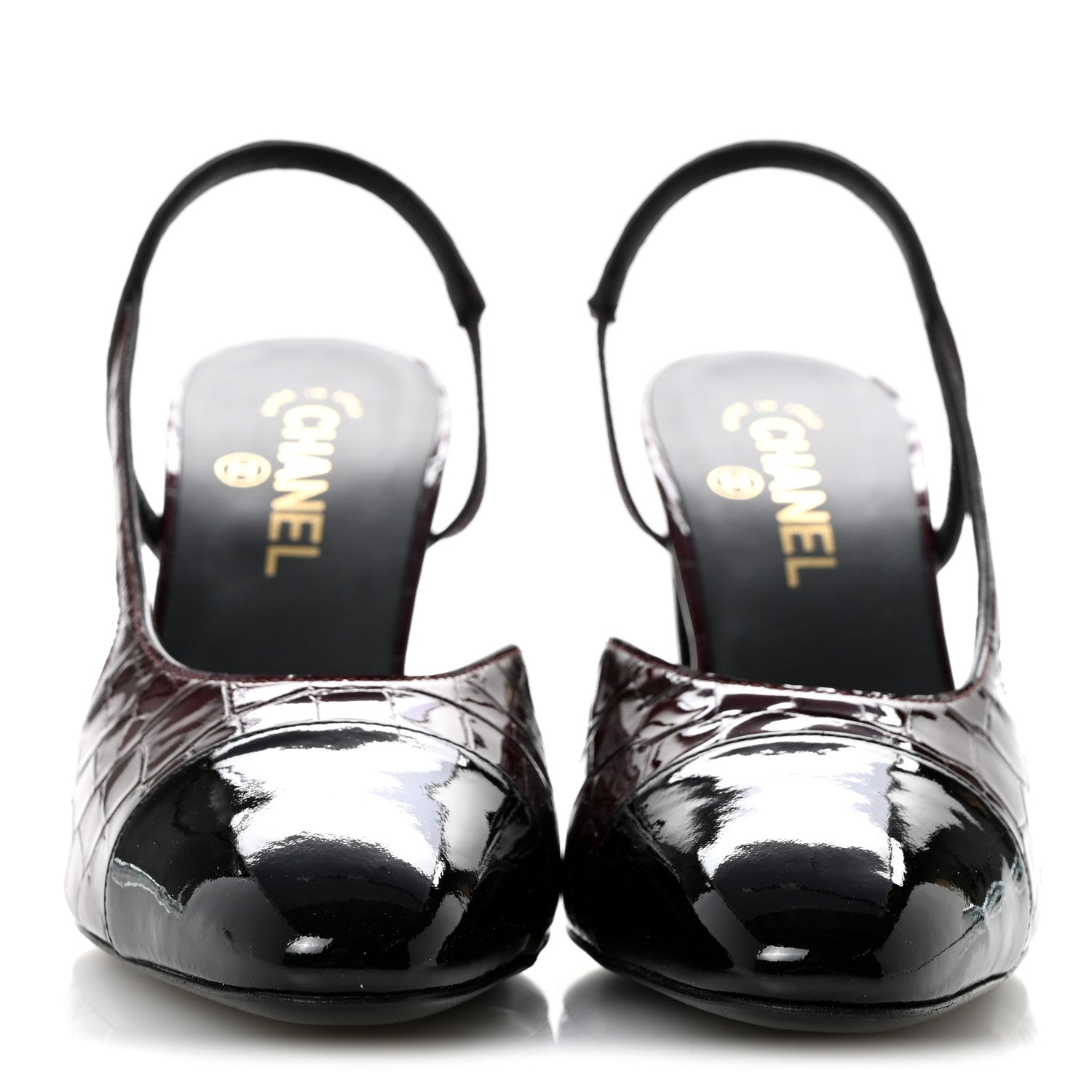 Chanel Patent Calfskin Crocodile Embossed Cap Toe CC Slingback Pumps 40 Dark Burgundy Black 3 of 10