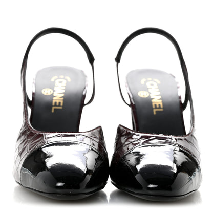 Chanel Patent Calfskin Crocodile Embossed Cap Toe CC Slingback Pumps 40 Dark Burgundy Black 3 of 10