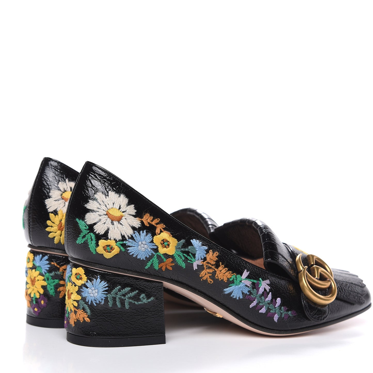 Skipper Calfskin Floral Embroidered GG Marmont Fringe 50mm Loafer Pumps 36.5 Black