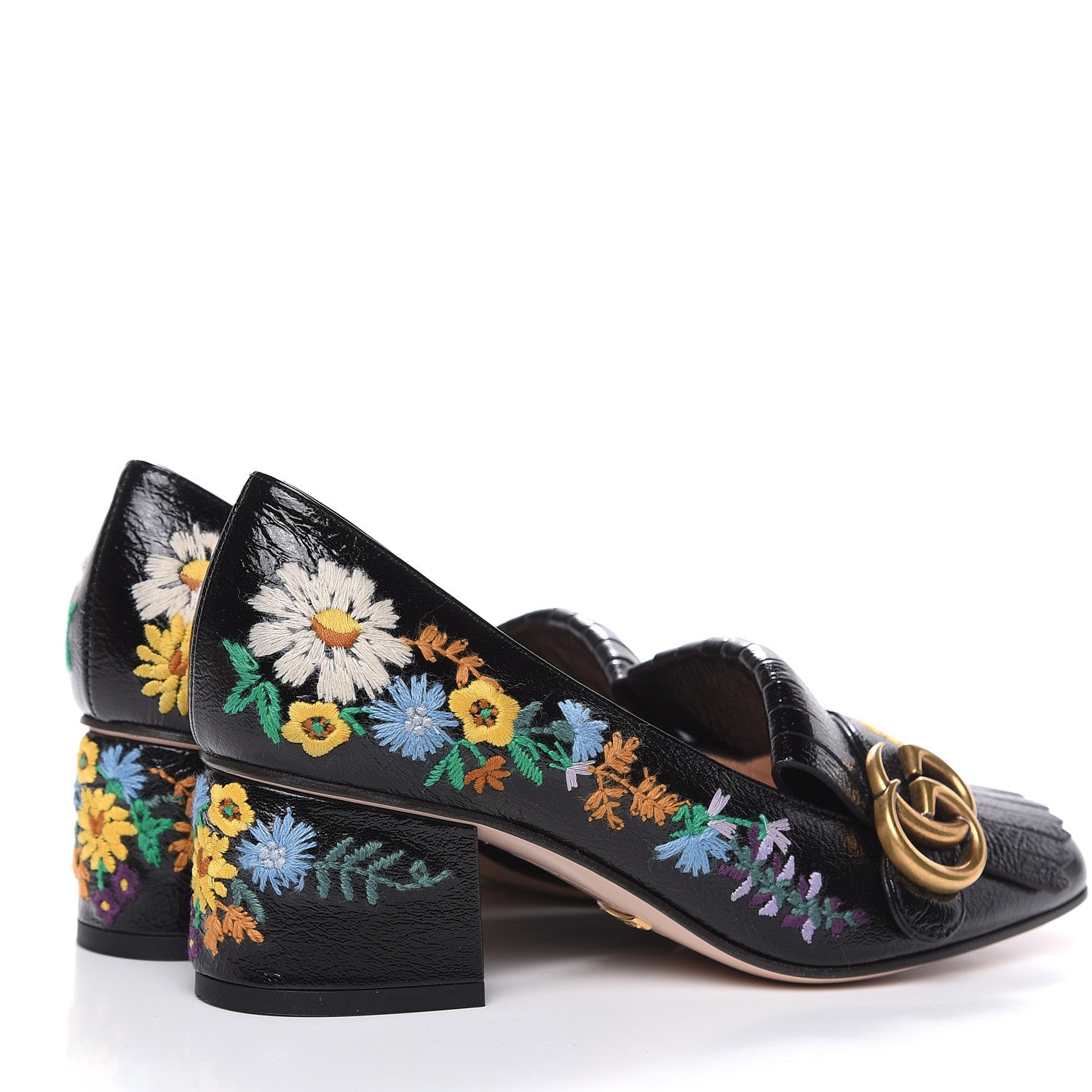 Gucci Skipper Calfskin Floral Embroidered GG Marmont Fringe 50mm Loafer Pumps 36.5 Black 4 of 11