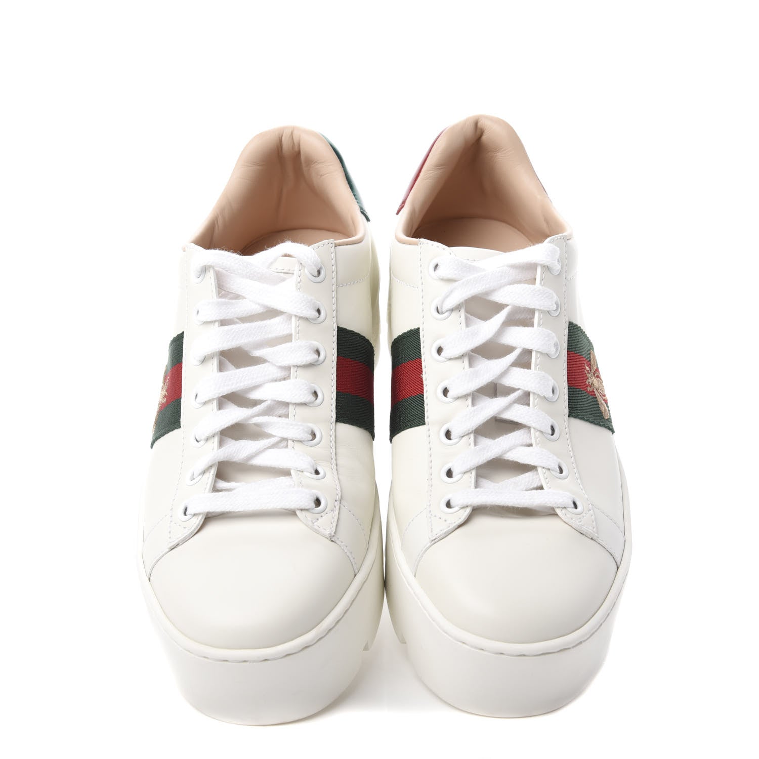 Gucci Calfskin Web Bee Embroidered Womens Ace Platform Sneakers 37.5 White 5 of 11