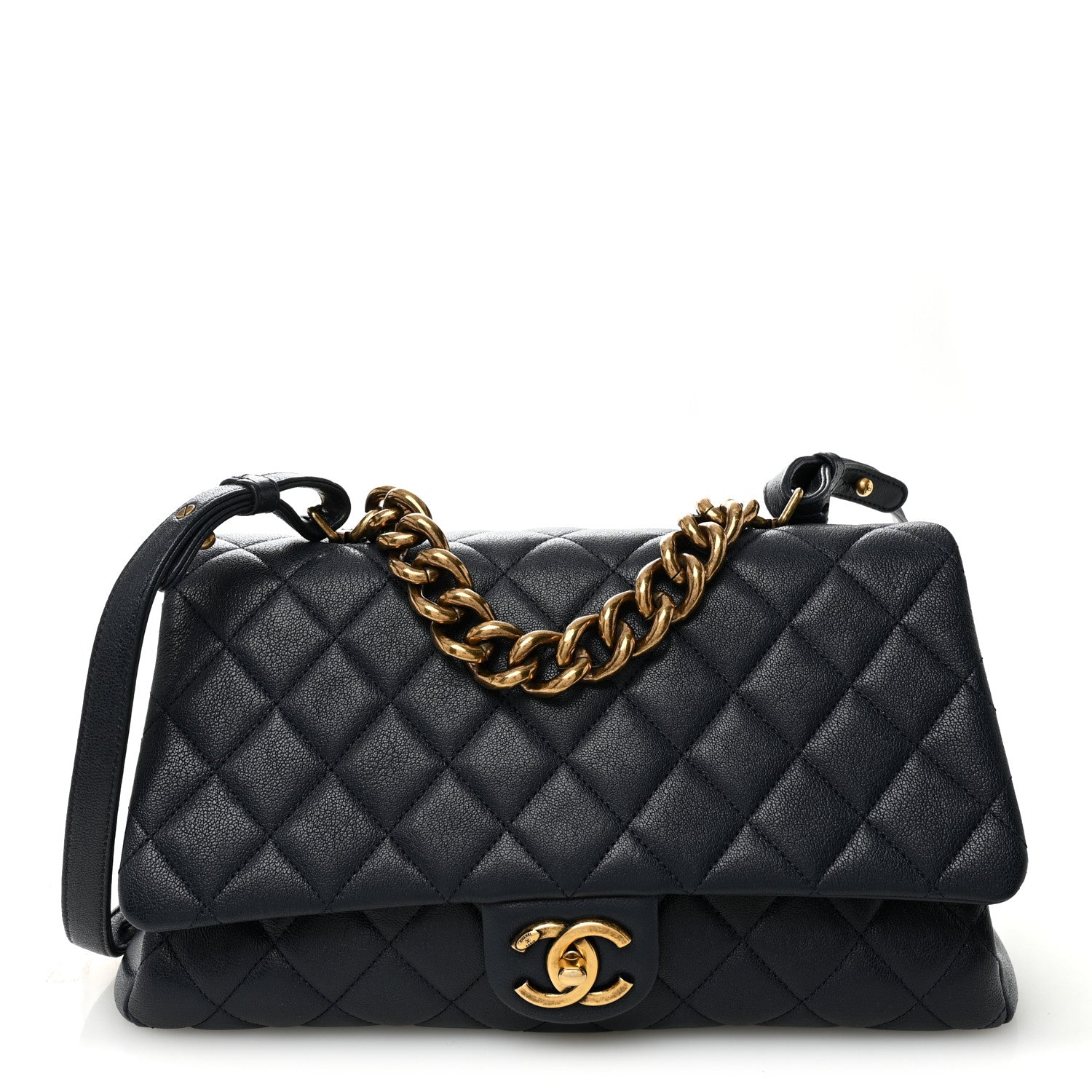 Chanel Shiny Sheepskin Quilted Large Trapezio Flap Navy 1867214