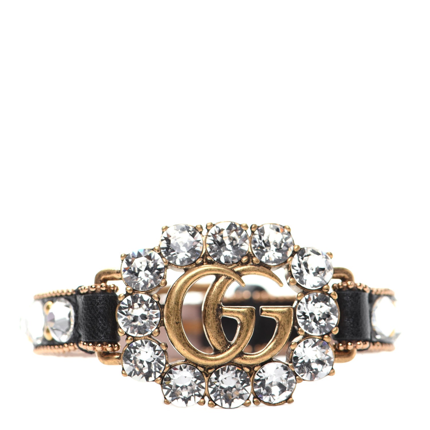 Gucci Metal Calfskin Crystal Double G Bracelet Black 1 of 10