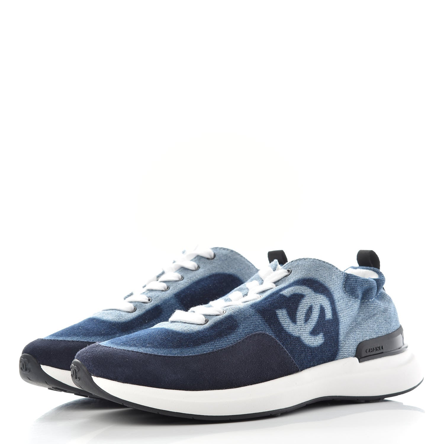Chanel Denim Suede Calfskin Womens CC Sneakers 37 Dark Blue White Black 3 of 11