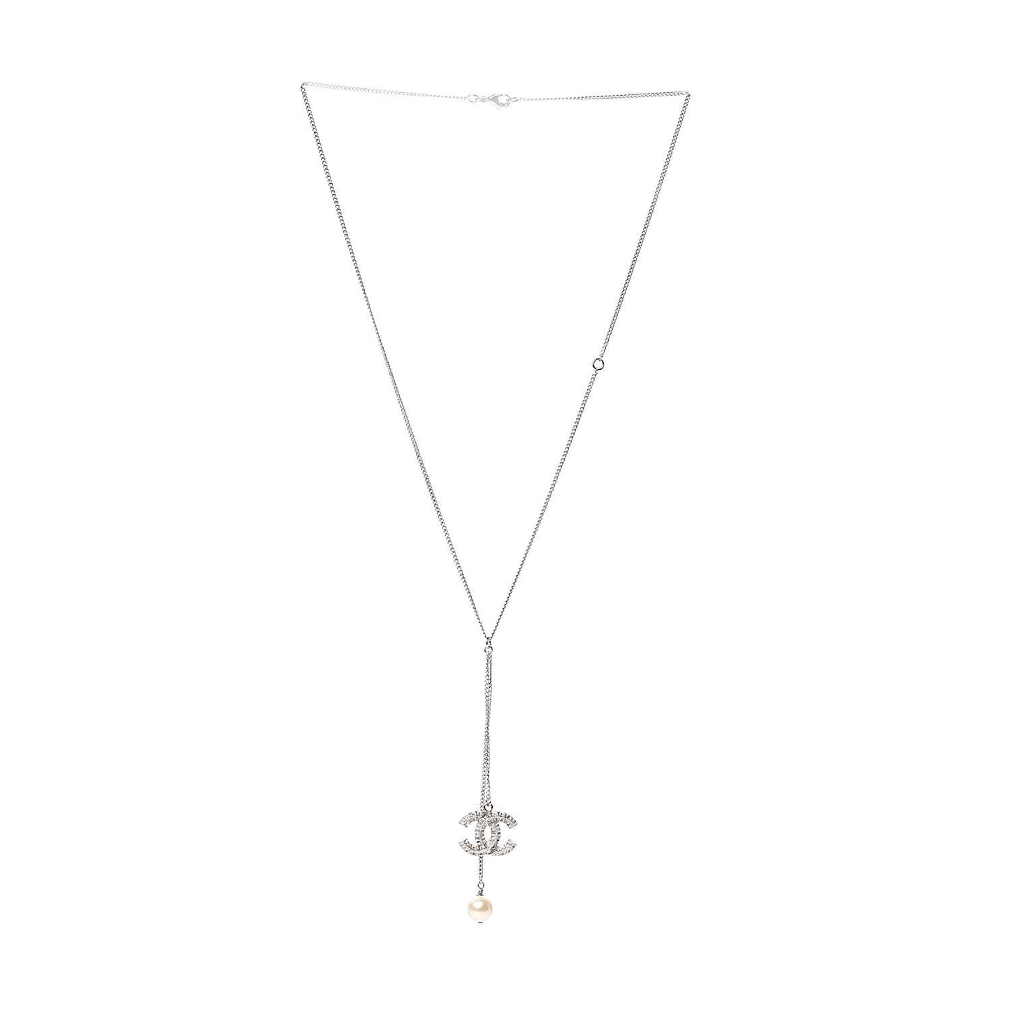 Baguette Crystal Pearl CC Lariat Necklace Silver