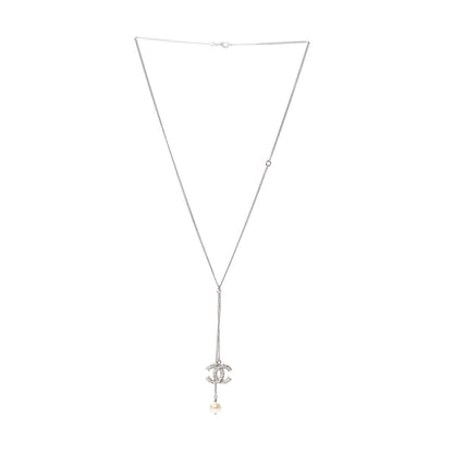 Chanel Baguette Crystal Pearl CC Lariat Necklace Silver 3 of 6