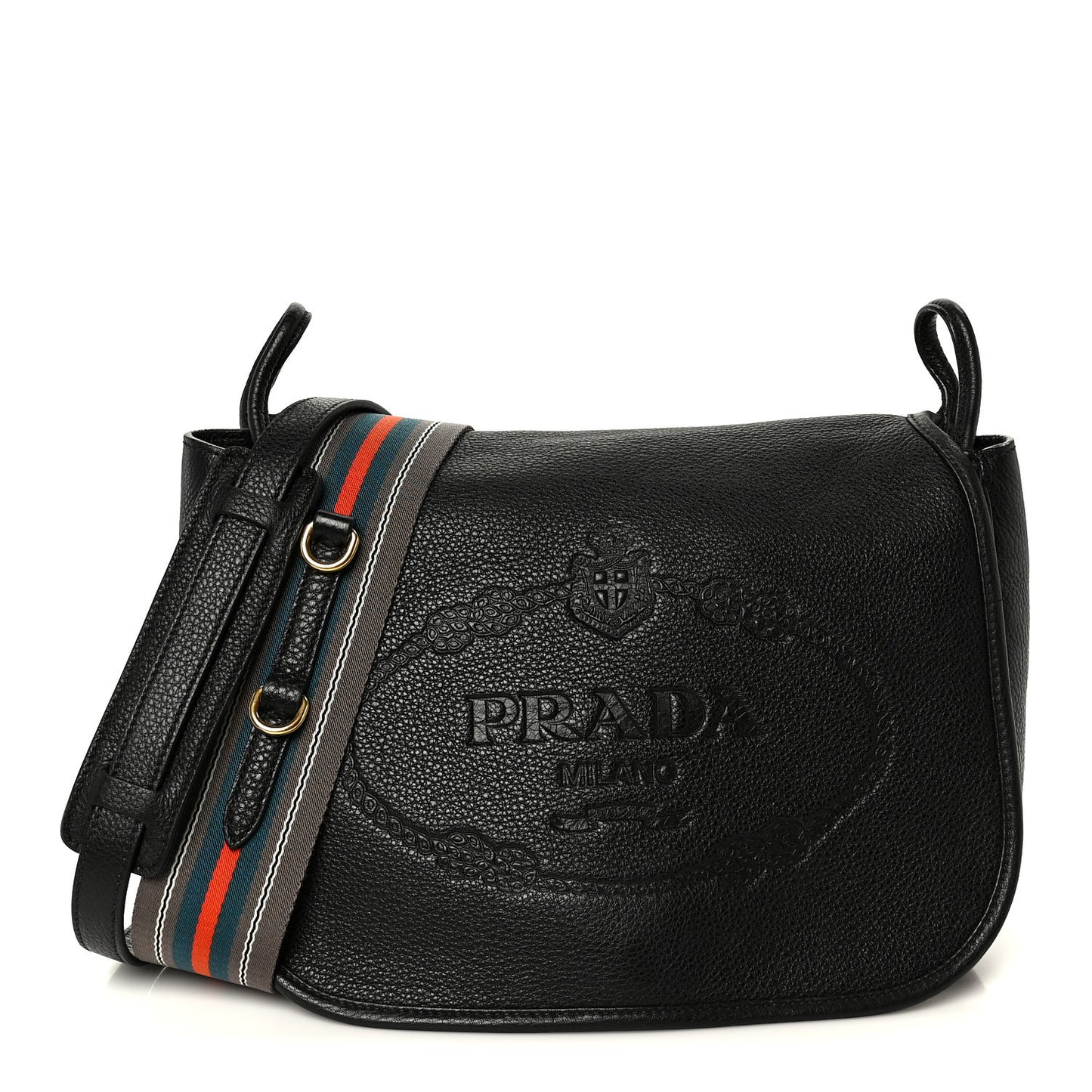 Vitello Daino Embossed Logo Flap Shoulder Bag Black