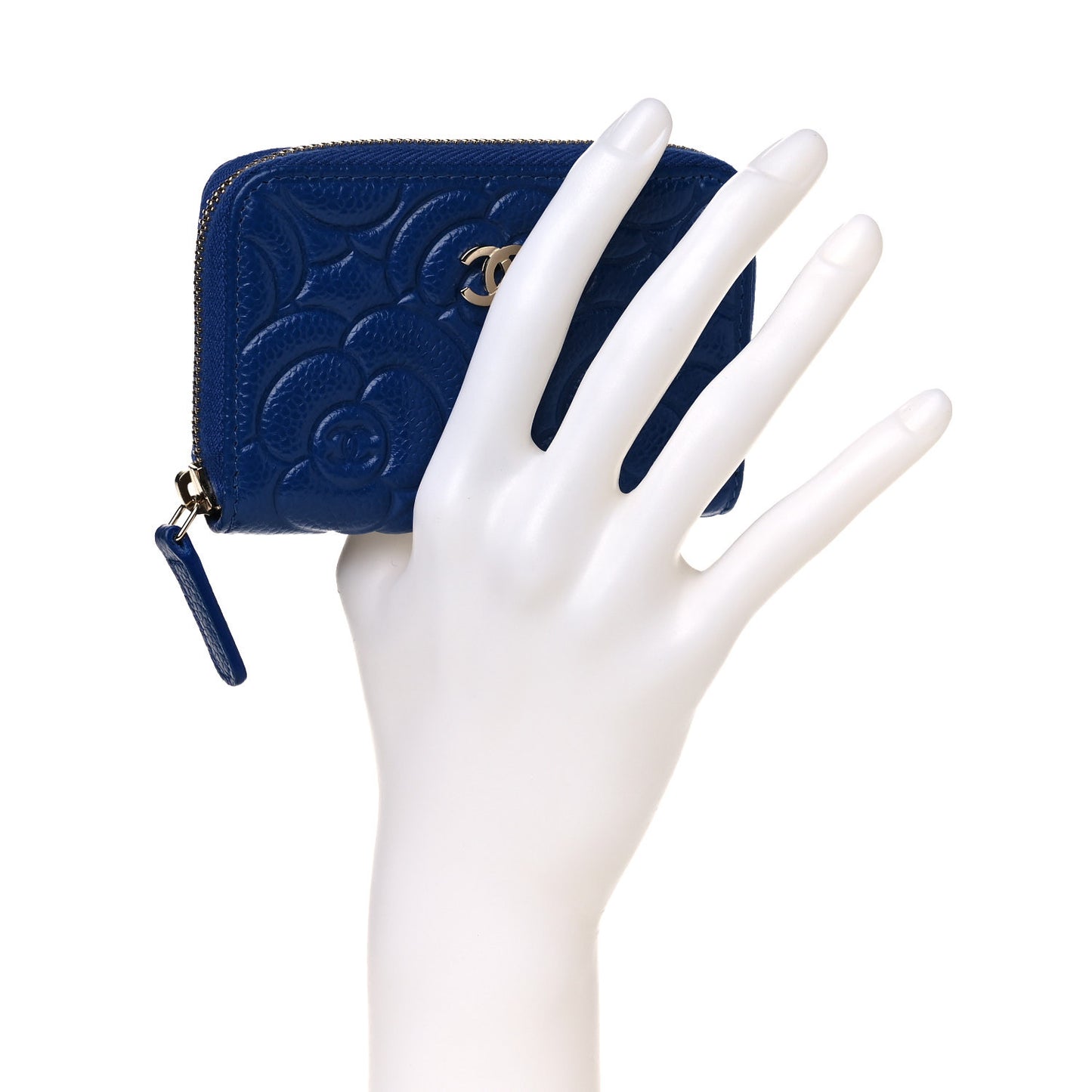 Caviar Camellia Embossed Zip Coin Purse Dark Blue