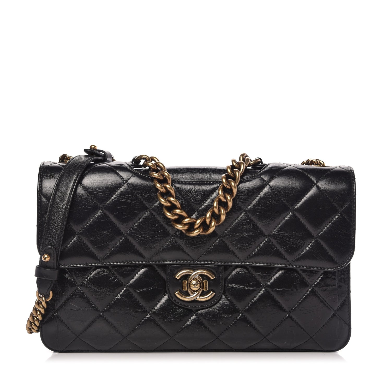 Glazed Calfskin Quilted Large Perfect Edge Flap Black
